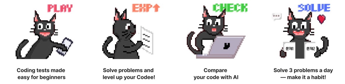 Four character poses: Play, Exp, Check, Solve