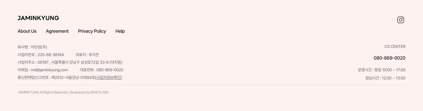 Soft pink footer with the Instagram link.
